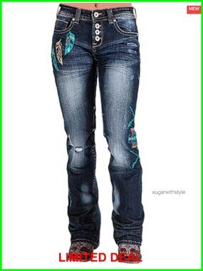 Mid Waist Floral Embroidered Ripped Bootcut Jeans Super Stretch